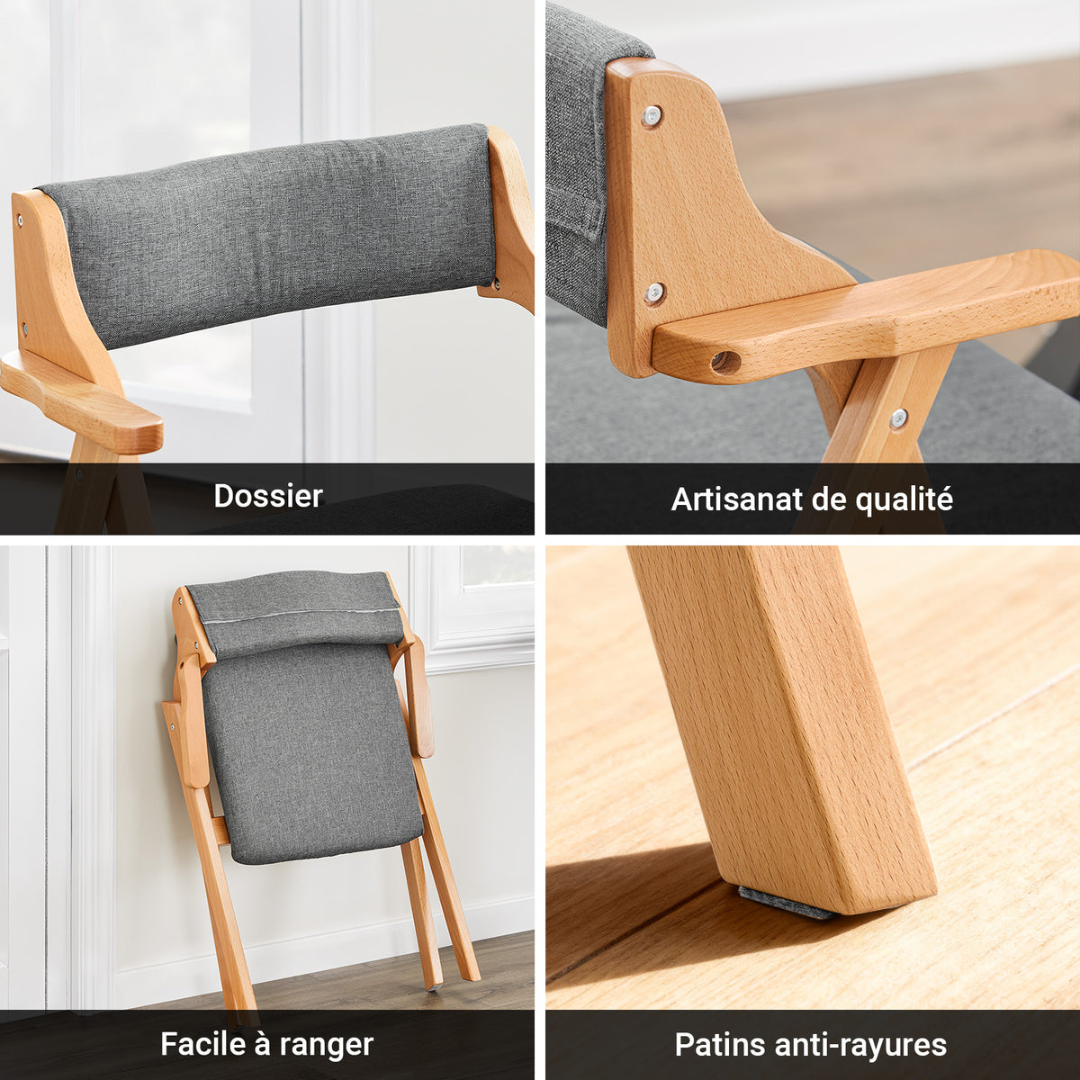 SoBuy FST98-HGx2 Lot de 2 Chaises Pliantes en Bois de Hêtre avec Coussin Déhoussable, Charge 150 kg – Chaises Salle à Manger, Cuisine et Salon, Gris