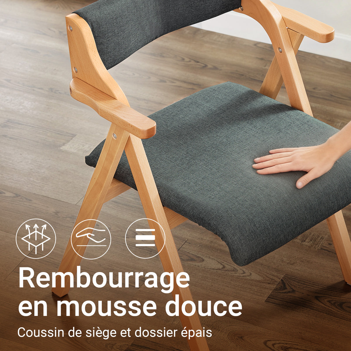 SoBuy FST98-SGx2 Lot de 2 Chaises Pliantes en Bois de Hêtre avec Coussin Déhoussable, Charge 150 kg – Chaises Salle à Manger, Cuisine et Salon, Gris Foncé