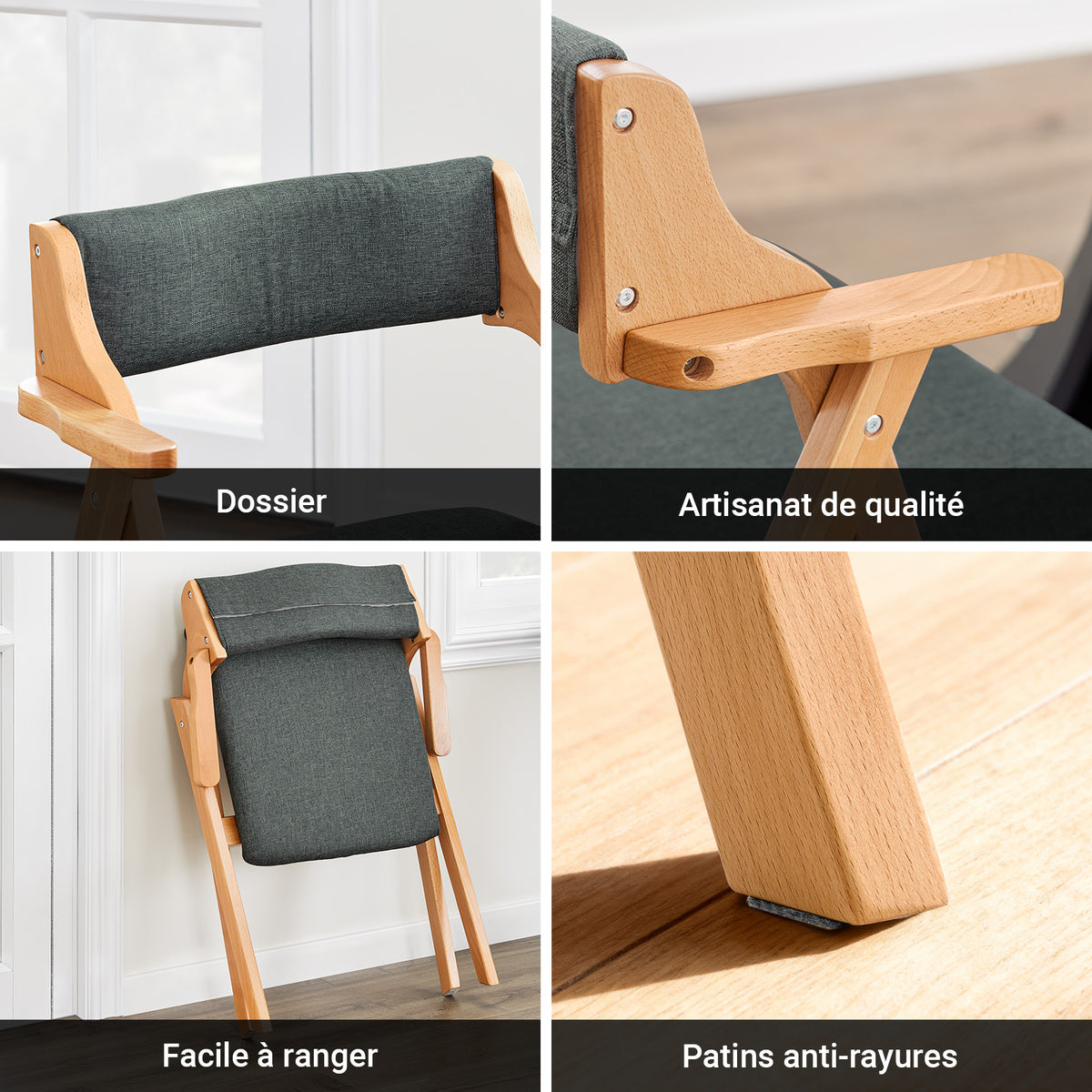 SoBuy FST98-SGx2 Lot de 2 Chaises Pliantes en Bois de Hêtre avec Coussin Déhoussable, Charge 150 kg – Chaises Salle à Manger, Cuisine et Salon, Gris Foncé