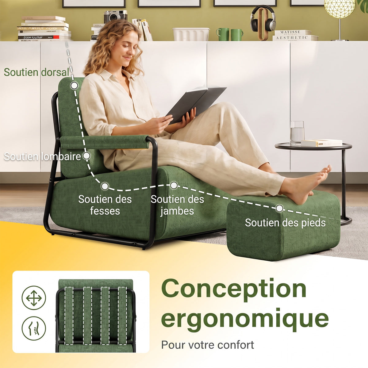 SoBuy FST99-SY Fauteuil Relax en Velours Côtelé avec Repose-Pieds – Design Pliable – 59×74×78 cm, Vert Foncé