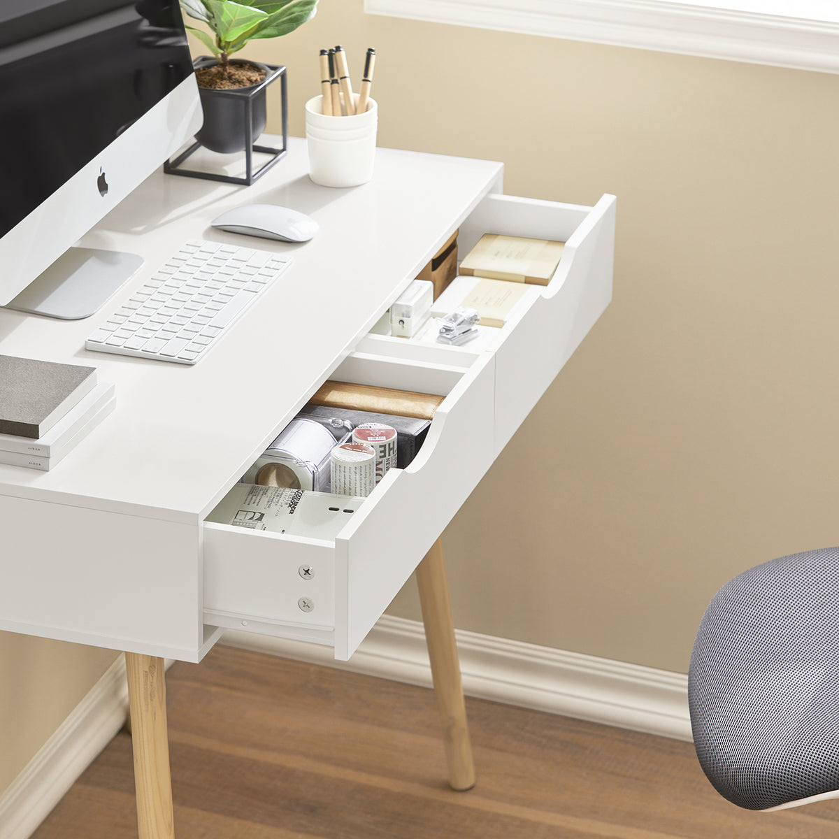 SoBuy FWT40-WN Table Bureau avec 2 Tiroirs Petit Bureau avec Rangement Desk Multifonctionnel pour Ordinateur et Chambre Blanc Naturel 90x45x77cm