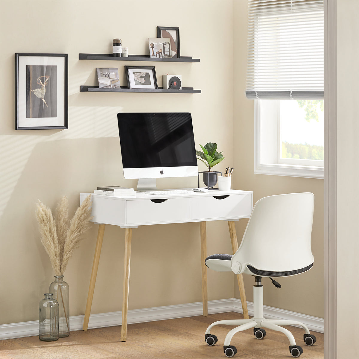 SoBuy FWT40-WN Table Bureau avec 2 Tiroirs Petit Bureau avec Rangement Desk Multifonctionnel pour Ordinateur et Chambre Blanc Naturel 90x45x77cm