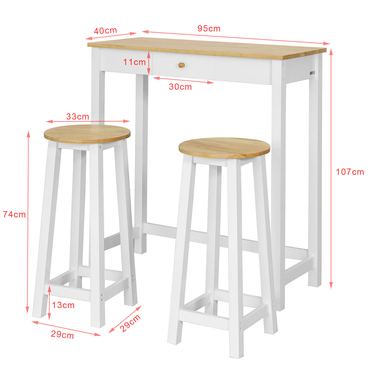 SoBuy FWT50-WN Set de 1 Table + 2 Tabourets Ensemble Table de Bar bistrot + 2 tabourets avec Repose-Pieds Table Mange-Debout Table Haute Cuisine – Blanc Naturel