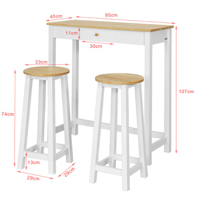 SoBuy FWT50-WN Set de 1 Table + 2 Tabourets Ensemble Table de Bar bistrot + 2 tabourets avec Repose-Pieds Table Mange-Debout Table Haute Cuisine – Blanc Naturel