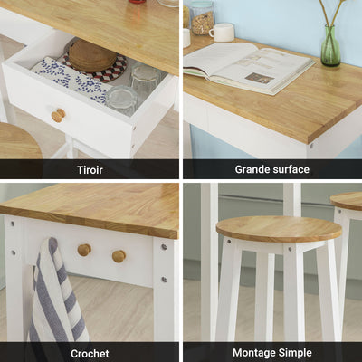 SoBuy FWT50-WN Set de 1 Table + 2 Tabourets Ensemble Table de Bar bistrot + 2 tabourets avec Repose-Pieds Table Mange-Debout Table Haute Cuisine – Blanc Naturel