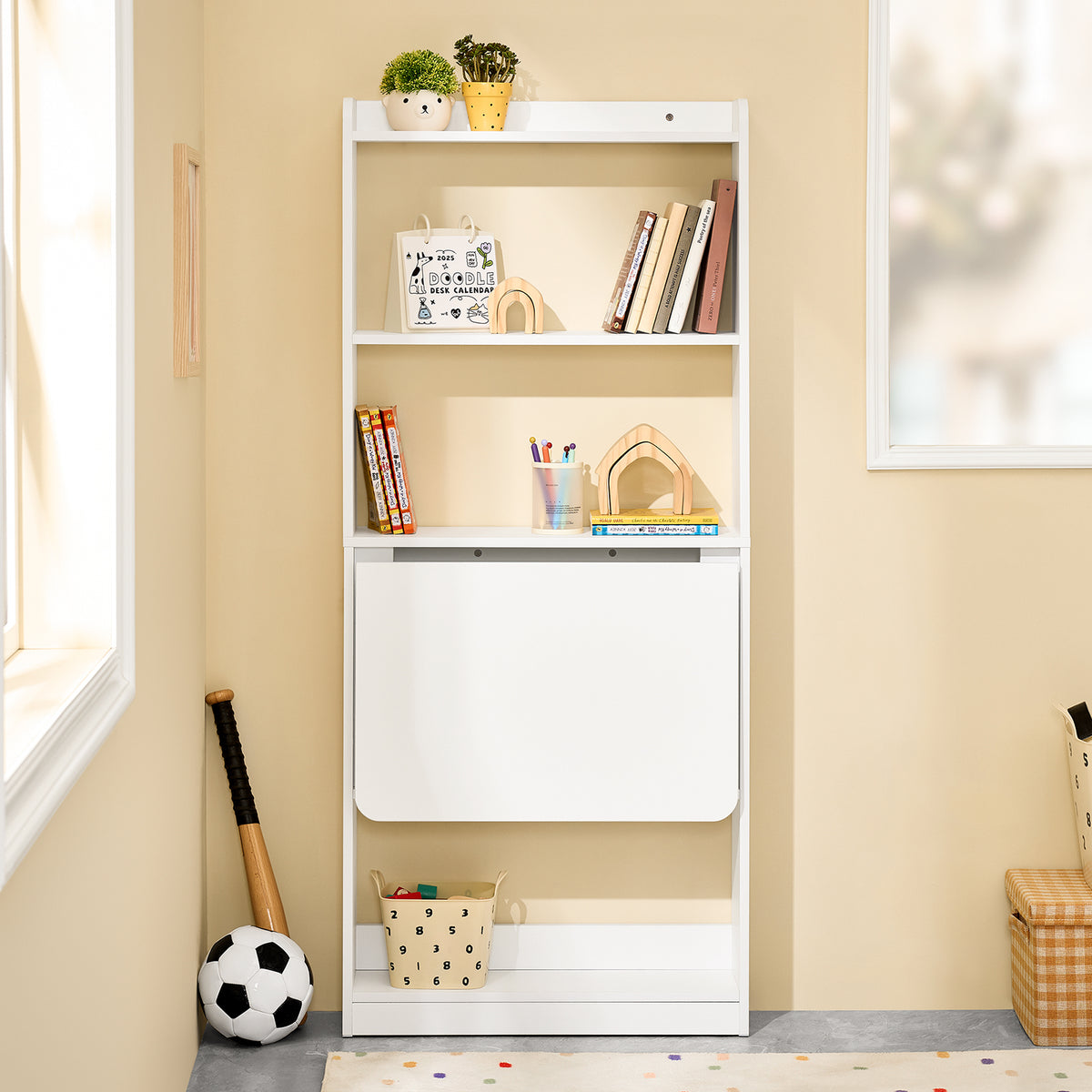 SoBuy FWT92-H-W Bureau pliable escamotable avec étagères 64 x 58 cm – Bureau ordinateur rabattable blanc gain de place