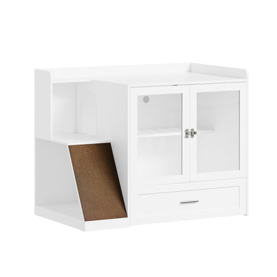 SoBuy HAT02-L-E-W Meuble Litière pour Chat Blanc avec Tiroir – Cache-Litière avec Griffoir Sisal Intégré, 2 Portes et Étagères – 98×60×80 cm, Charge 101 kg