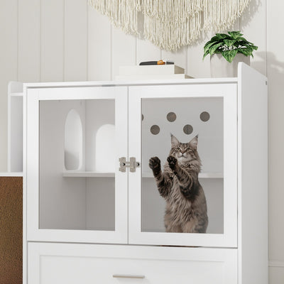 SoBuy HAT02-L-E-W Meuble Litière pour Chat Blanc avec Tiroir – Cache-Litière avec Griffoir Sisal Intégré, 2 Portes et Étagères – 98×60×80 cm, Charge 101 kg