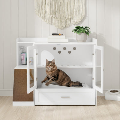 SoBuy HAT02-L-E-W Meuble Litière pour Chat Blanc avec Tiroir – Cache-Litière avec Griffoir Sisal Intégré, 2 Portes et Étagères – 98×60×80 cm, Charge 101 kg