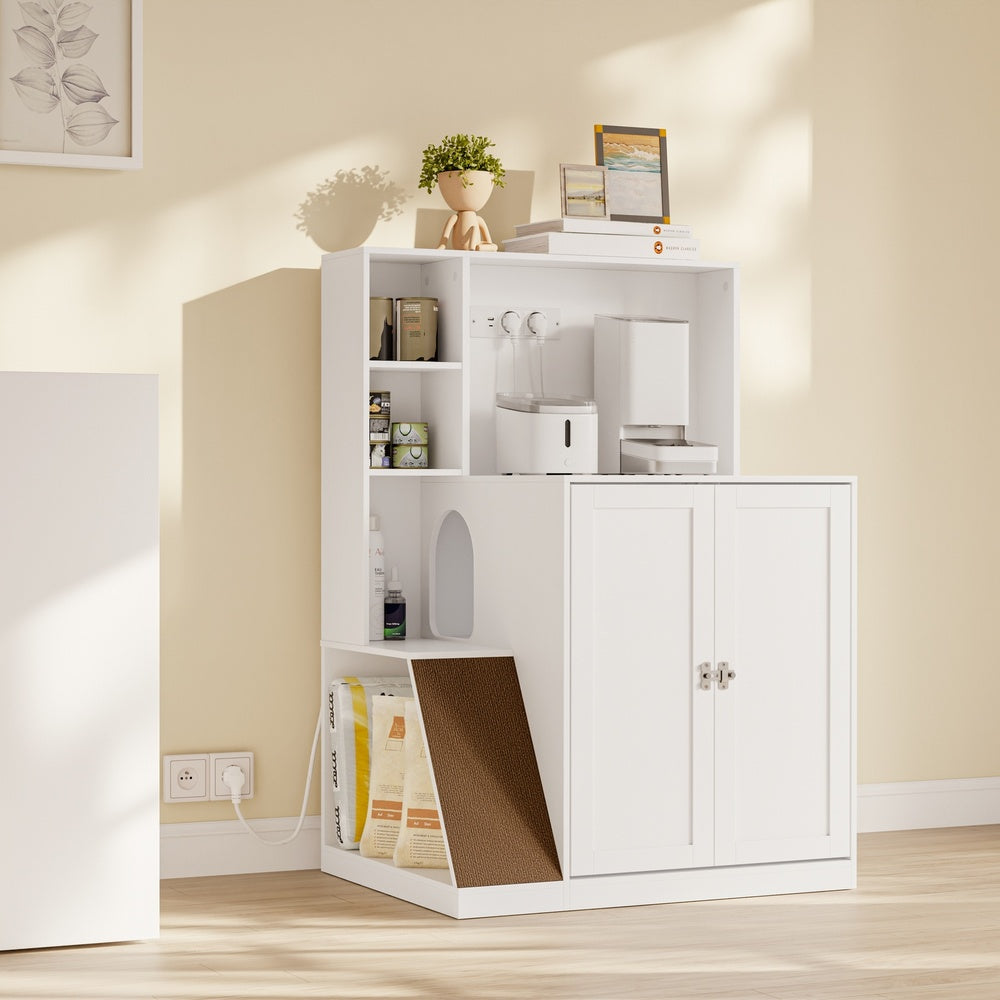 SoBuy HAT10-E-W Meuble Cache-Litière pour Chat 2 Portes avec Prises et Étagères – Armoire de Rangement Blanc Moderne pour Chambre, Cuisine et Bureau – 80×60×116,5 cm, Charge 96 kg