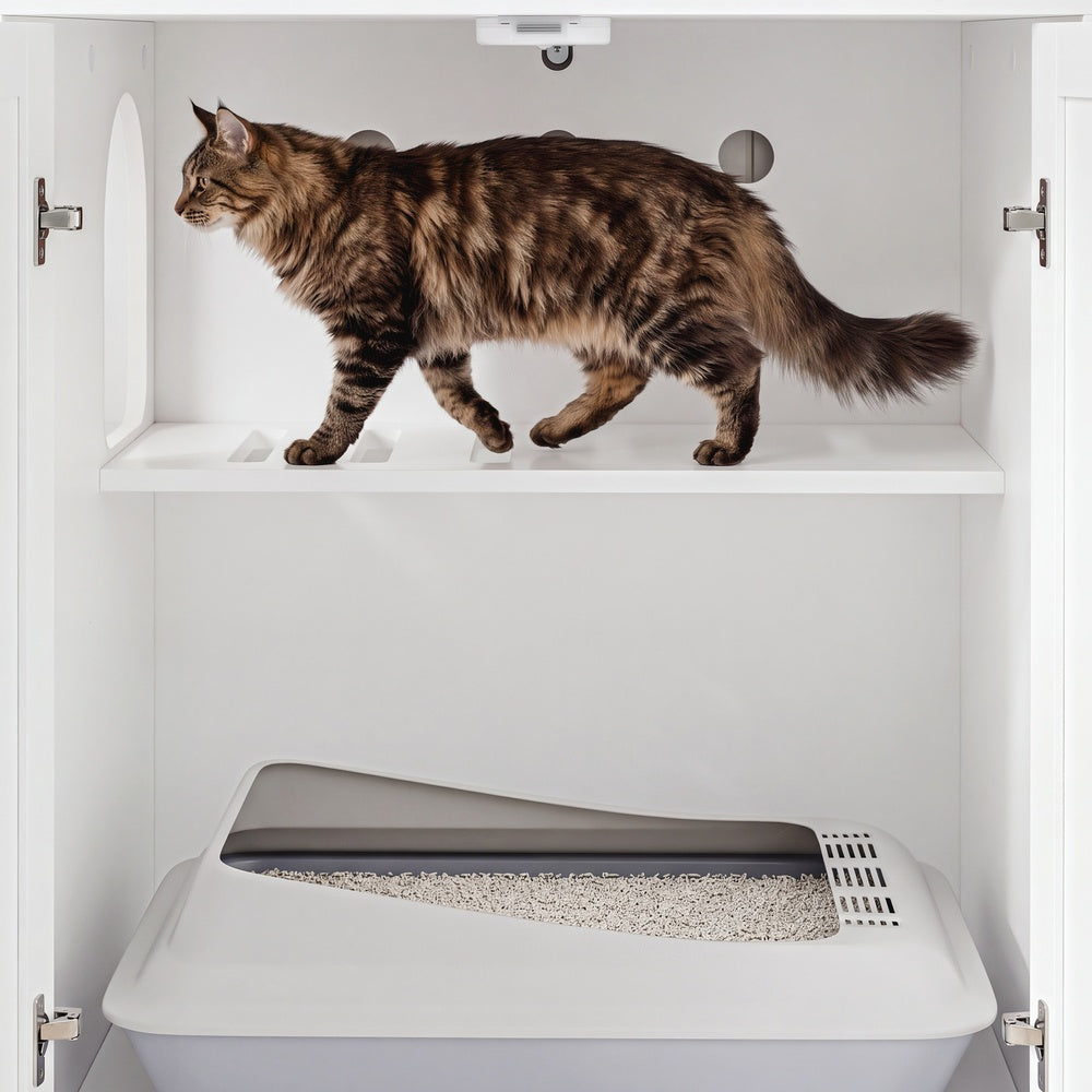 SoBuy HAT10-E-W Meuble Cache-Litière pour Chat 2 Portes avec Prises et Étagères – Armoire de Rangement Blanc Moderne pour Chambre, Cuisine et Bureau – 80×60×116,5 cm, Charge 96 kg