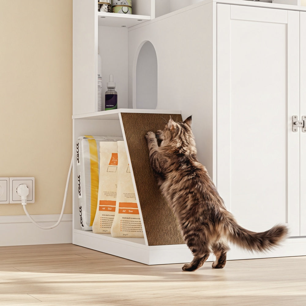 SoBuy HAT10-E-W Meuble Cache-Litière pour Chat 2 Portes avec Prises et Étagères – Armoire de Rangement Blanc Moderne pour Chambre, Cuisine et Bureau – 80×60×116,5 cm, Charge 96 kg