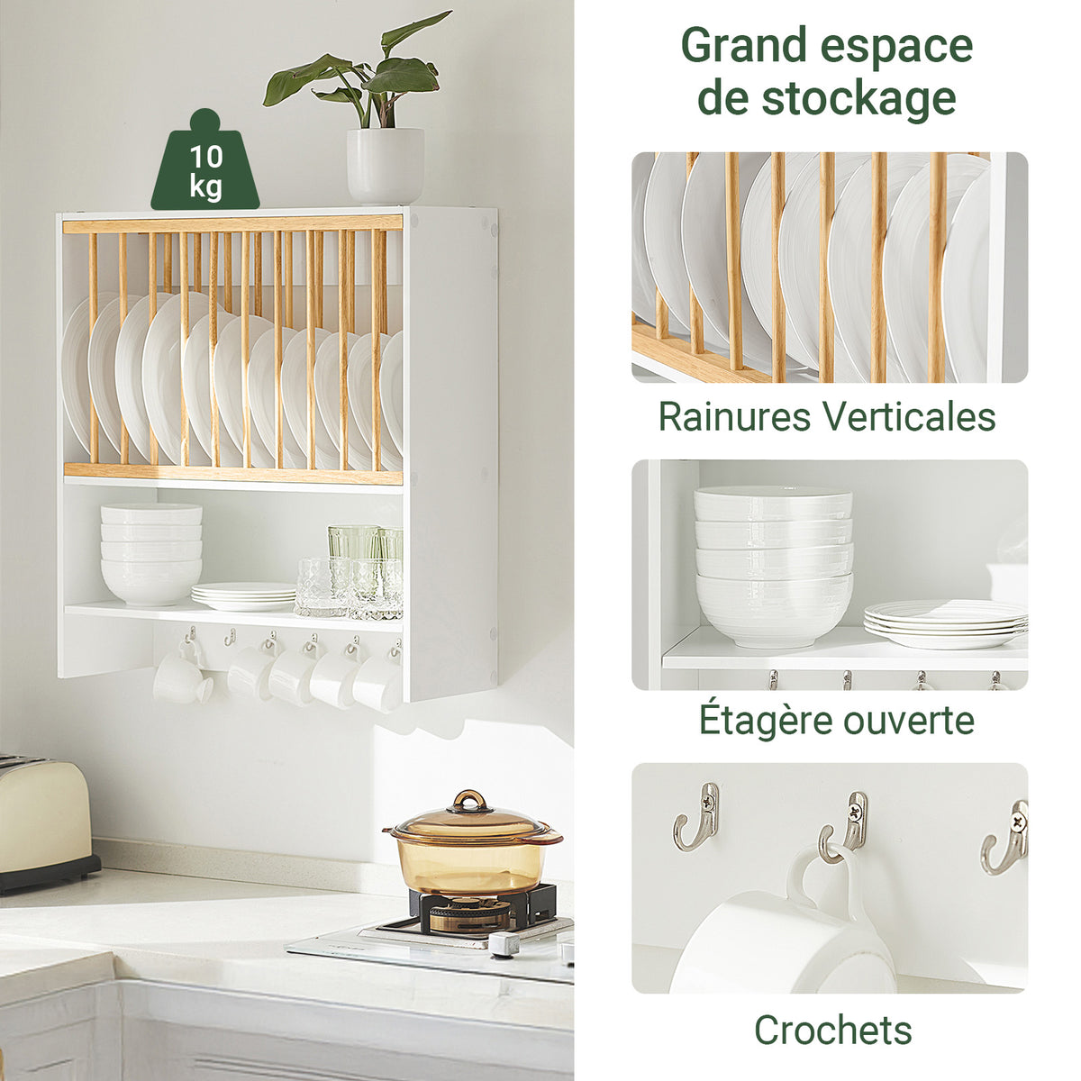 SoBuy KCR09-W Porte-Assiettes Mural avec Étagère et 7 Crochets – 11 Assiettes Ø35 cm, 64×24×71 cm, 10 kg, Blanc