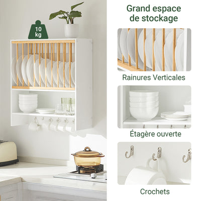 SoBuy KCR09-W Porte-Assiettes Mural avec Étagère et 7 Crochets – 11 Assiettes Ø35 cm, 64×24×71 cm, 10 kg, Blanc