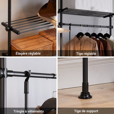 SoBuy KLS07-SCH Portant à vêtements télescopique solide - Penderie ouverte réglable avec tringles et étagères, Porte manteau pour chambre/dressing, Noir