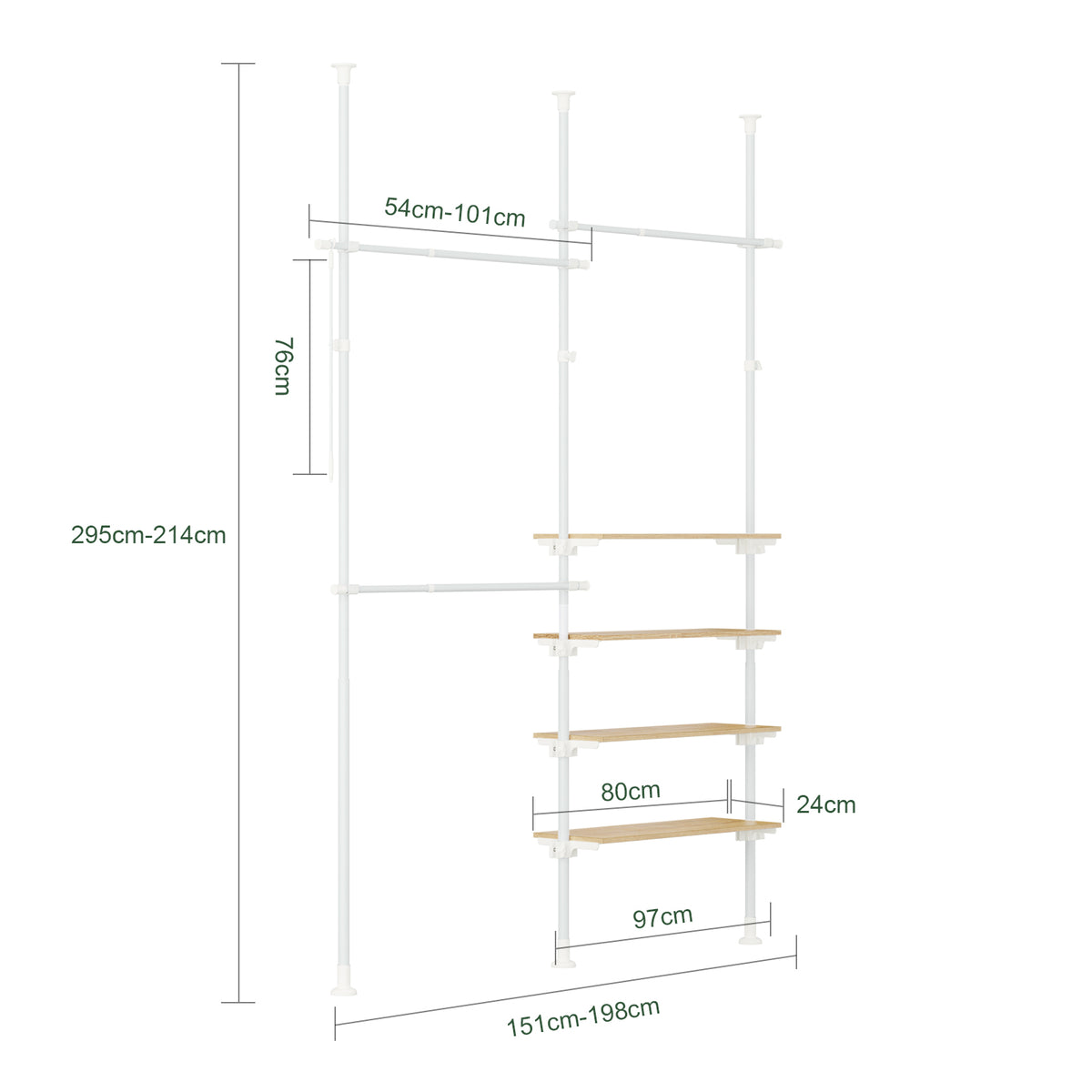 SoBuy KLS17-WN Portant à vêtements télescopique avec 3 tringles et 4 étagères – Blanc / Bois naturel
