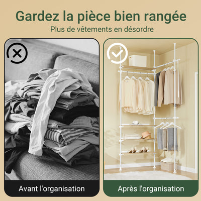 SoBuy KLS17-WN Portant à vêtements télescopique avec 3 tringles et 4 étagères – Blanc / Bois naturel