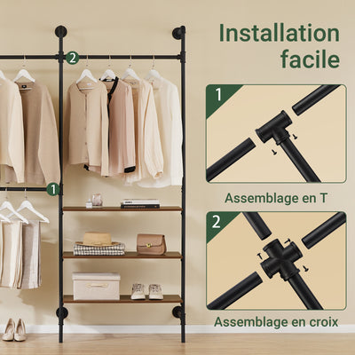 SoBuy KLS18-SCH Portant à Vêtements Mural Industriel – 3 Tringles, 3 Étagères, 220 cm, Noir