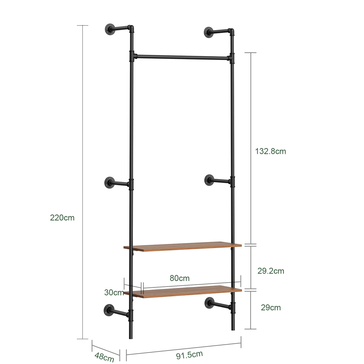 SoBuy KLS20-SCH Portant à Vêtements Mural Compact avec 2 Étagères MDF – Dressing Mural, Charge 45 kg, Noir Industriel 91,5×48×220 cm
