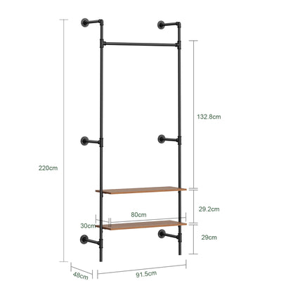 SoBuy KLS20-SCH Portant à Vêtements Mural Compact avec 2 Étagères MDF – Dressing Mural, Charge 45 kg, Noir Industriel 91,5×48×220 cm