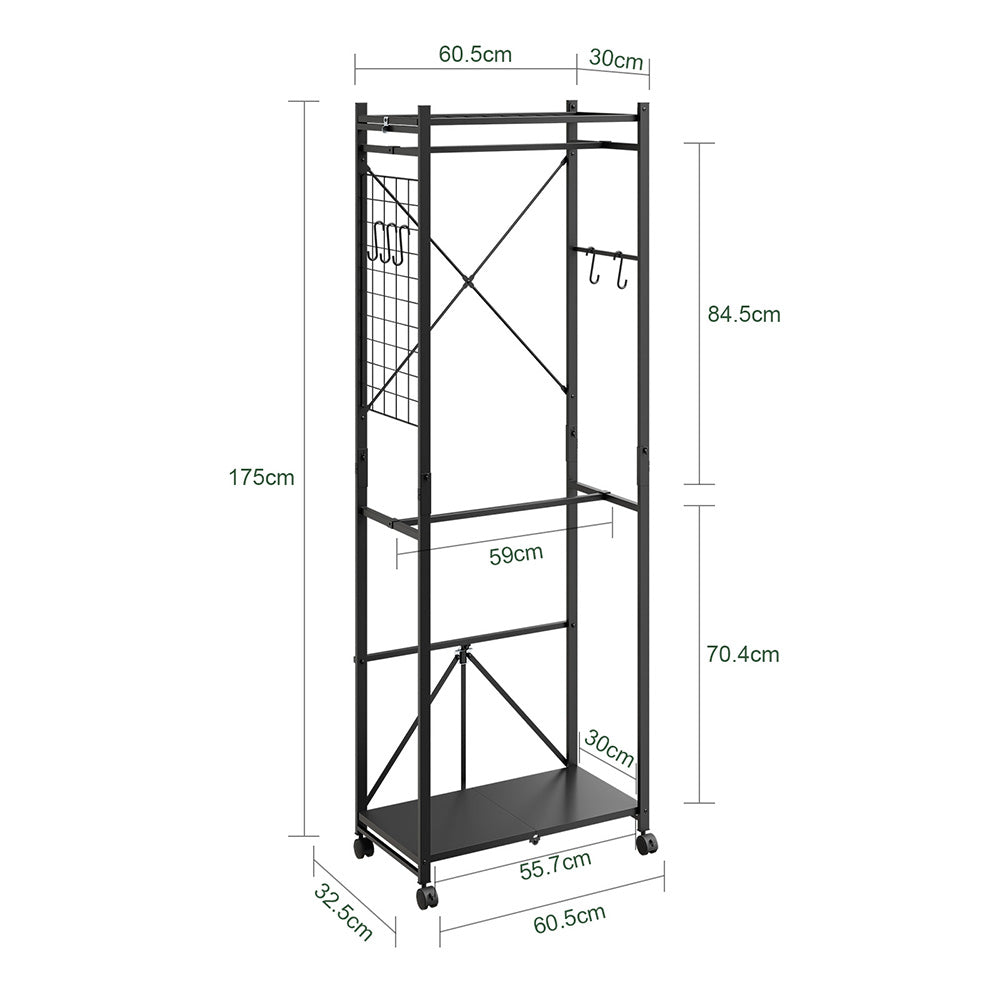 SoBuy KLS21-SCH Vestiaire d'Entrée Industriel sur Roulettes – Crochets et Étagère à Chaussures, Métal Noir – 60×32×175 cm, Noir