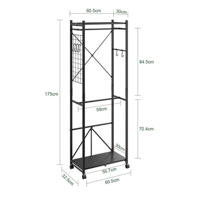 SoBuy KLS21-SCH Vestiaire d'Entrée Industriel sur Roulettes – Crochets et Étagère à Chaussures, Métal Noir – 60×32×175 cm, Noir