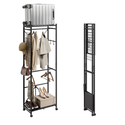 SoBuy KLS21-SCH Vestiaire d'Entrée Industriel sur Roulettes – Crochets et Étagère à Chaussures, Métal Noir – 60×32×175 cm, Noir