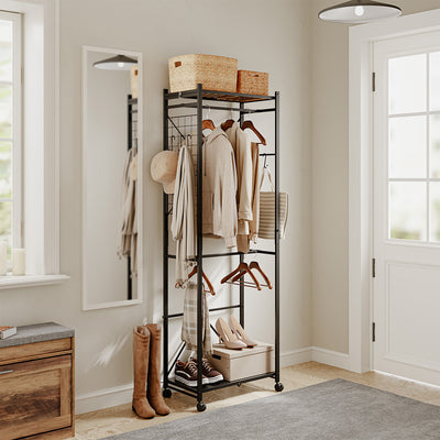 SoBuy KLS21-SCH Vestiaire d'Entrée Industriel sur Roulettes – Crochets et Étagère à Chaussures, Métal Noir – 60×32×175 cm, Noir