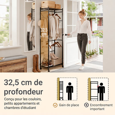 SoBuy KLS21-SCH Vestiaire d'Entrée Industriel sur Roulettes – Crochets et Étagère à Chaussures, Métal Noir – 60×32×175 cm, Noir
