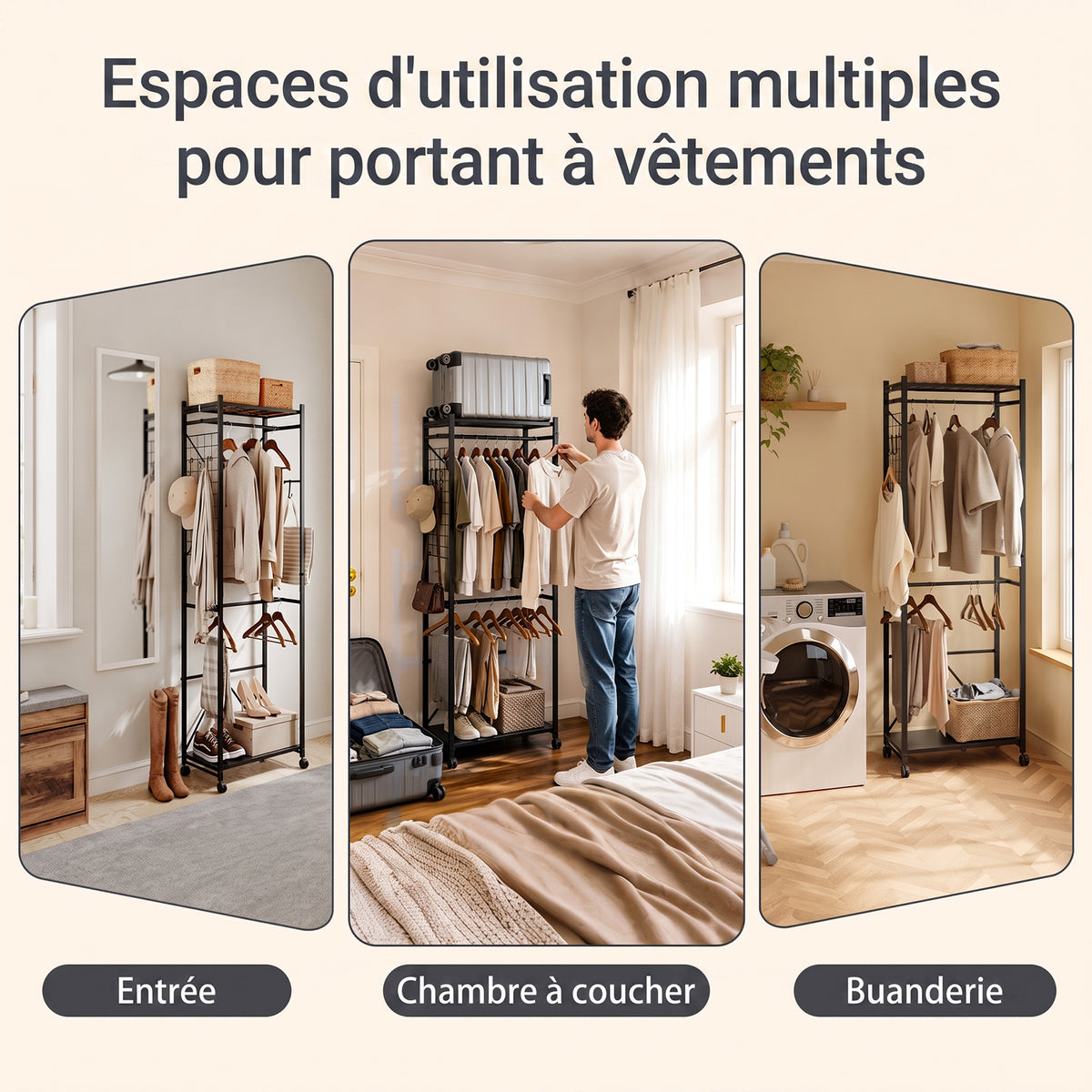 SoBuy KLS21-SCH Vestiaire d'Entrée Industriel sur Roulettes – Crochets et Étagère à Chaussures, Métal Noir – 60×32×175 cm, Noir