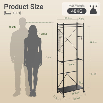 SoBuy KLS21-SCH Vestiaire d'Entrée Industriel sur Roulettes – Crochets et Étagère à Chaussures, Métal Noir – 60×32×175 cm, Noir