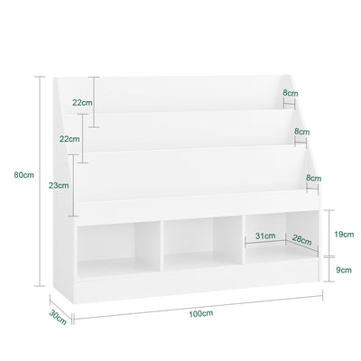 SoBuy KMB118-W Bibliothèque Enfant avec Étagère Supérieure et 3 Compartiments, Coins Arrondis et Dispositif Anti-Basculement – L100×P30×H80 cm, PB E1, Blanc