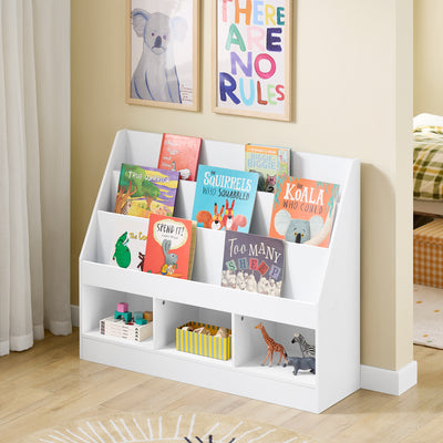 SoBuy KMB118-W Bibliothèque Enfant avec Étagère Supérieure et 3 Compartiments, Coins Arrondis et Dispositif Anti-Basculement – L100×P30×H80 cm, PB E1, Blanc