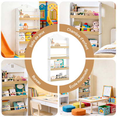 SoBuy KMB121-WN Bibliotheque Enfant Étagère Livre Enfant 4 Niveaux Meuble Rangement Jouet Bibliothèque Meuble de Rangement Etagere Chambre Blanc-Naturel 60x15x130.5 cm