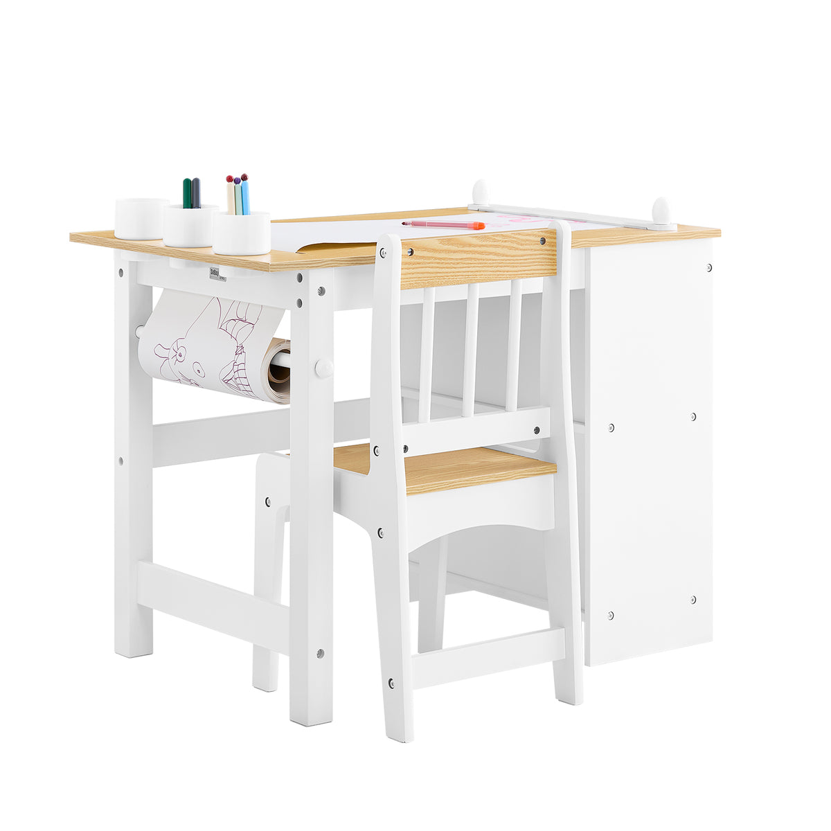 SoBuy KMB60-WN Table Enfant avec Chaise Ensemble 2 Pièces Table et Chaise pour Enfant Bureau avec 2 Étagères Porte-Papier et 