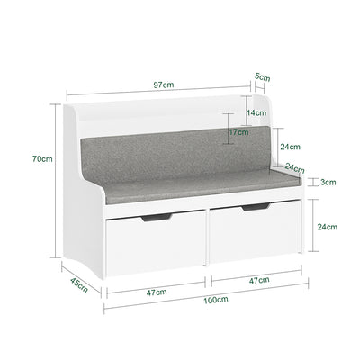 SoBuy KMB66-W Coffre de Rangement Enfants, Banc de Rangement pour Enfants avec Bibliothèque, 2 Tiroirs sur roulettes et Coussin d'assise, 100 x 45 x 70 cm, Blanc