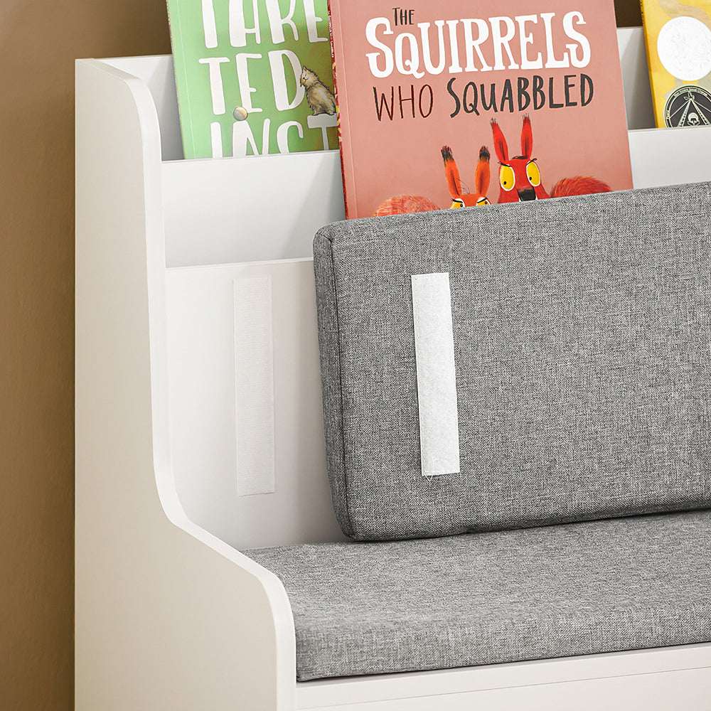 SoBuy KMB66-W Coffre de Rangement Enfants, Banc de Rangement pour Enfants avec Bibliothèque, 2 Tiroirs sur roulettes et Coussin d'assise, 100 x 45 x 70 cm, Blanc