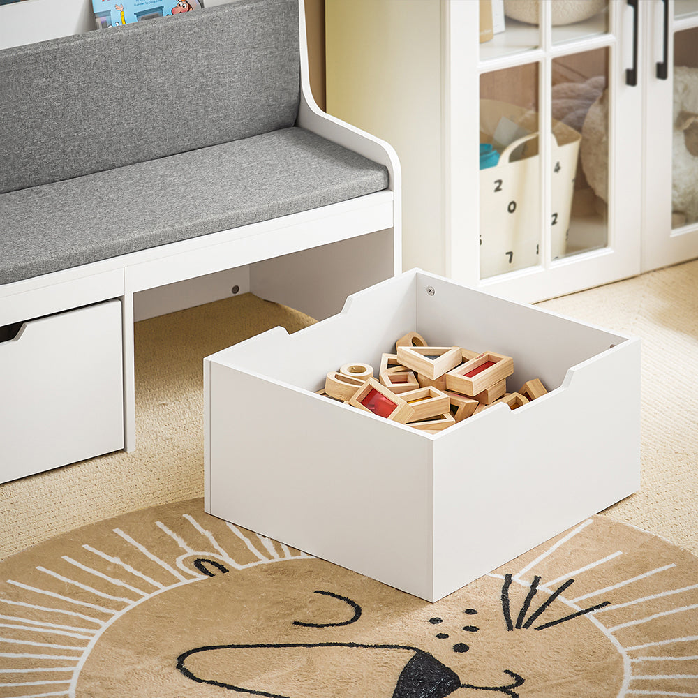 SoBuy KMB66-W Coffre de Rangement Enfants, Banc de Rangement pour Enfants avec Bibliothèque, 2 Tiroirs sur roulettes et Coussin d'assise, 100 x 45 x 70 cm, Blanc