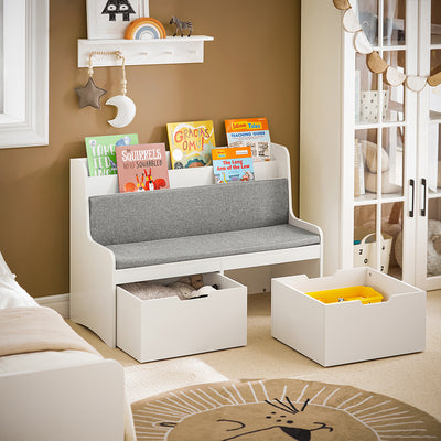 SoBuy KMB66-W Coffre de Rangement Enfants, Banc de Rangement pour Enfants avec Bibliothèque, 2 Tiroirs sur roulettes et Coussin d'assise, 100 x 45 x 70 cm, Blanc