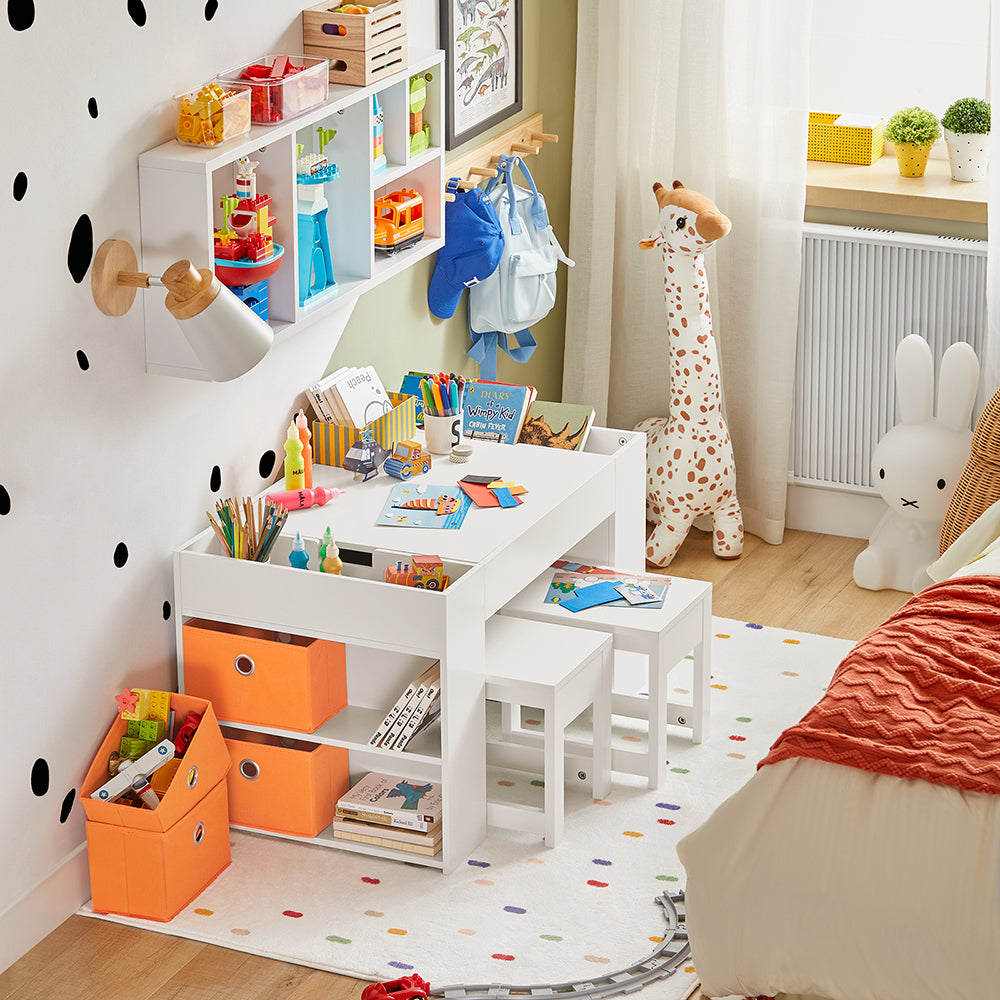 SoBuy KMB75-W Table Enfant avec Rangement et 2 Chaises – Plateau Double Face Construction, Blanc