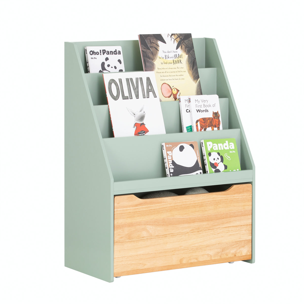 Bibliothèque pour enfants, verte et écologique, avec 4 étagères pour un grand espace de rangement.