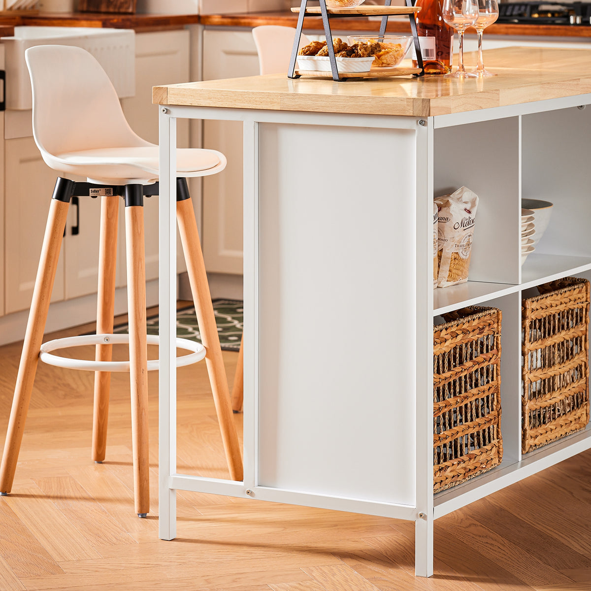 SoBuy KNL09-WN Ìlot Central de Cuisine 3-en-1 – Buffet, Table Bar et Plan de Travail, 170×60×89 cm, Blanc & Bois