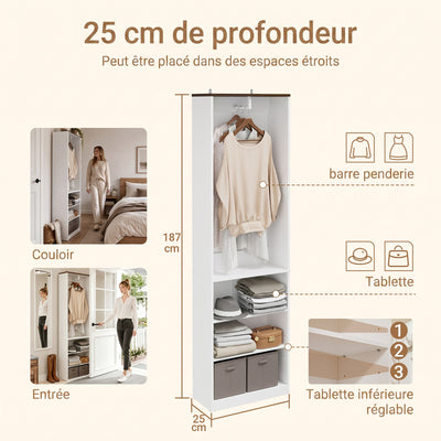 SoBuy KSB02-W Dressing Ouvert avec Tringle et Étagères – Penderie Compacte Bicolore, Gain de Place – 55×25×187 cm, Blanc et Bois
