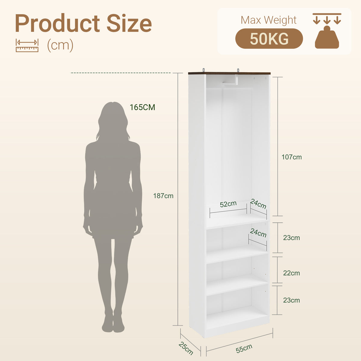 SoBuy KSB02-W Dressing Ouvert avec Tringle et Étagères – Penderie Compacte Bicolore, Gain de Place – 55×25×187 cm, Blanc et Bois