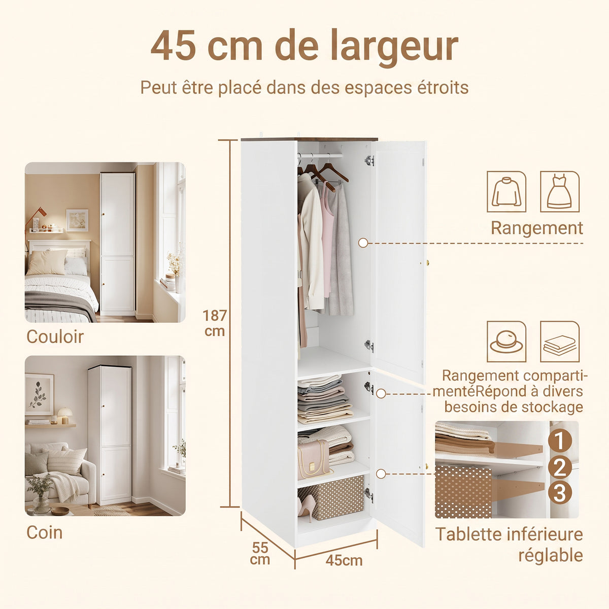 SoBuy KSB03-W Armoire Penderie 2 Portes pour Chambre – Penderie et 3 Étagères, Anti-Basculement – 45×55×187 cm, Blanc