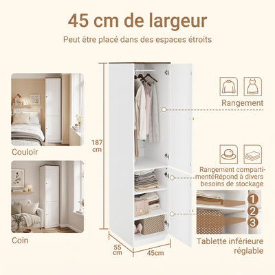 SoBuy KSB03-W Armoire Penderie 2 Portes pour Chambre – Penderie et 3 Étagères, Anti-Basculement – 45×55×187 cm, Blanc