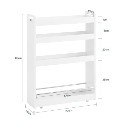 SoBuy NSR01-W Chariot de Rangement avec Roues et 4 Niveaux, Format Compact, Rangement Optimisé, Design Fonctionnel, Usage Quotidien – L60×P18×H82 cm, Blanc