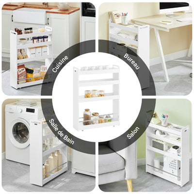 SoBuy NSR01-W Chariot de Rangement avec Roues et 4 Niveaux, Format Compact, Rangement Optimisé, Design Fonctionnel, Usage Quotidien – L60×P18×H82 cm, Blanc