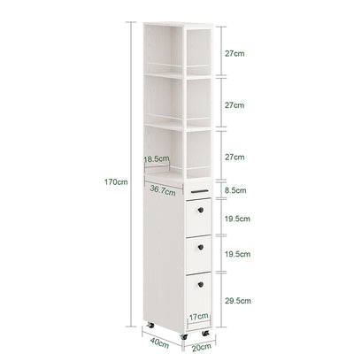 SoBuy NSR13-WG Chariot de Rangement Étroit 20 cm sur Roulettes, 170 cm de Haut, 3 Tiroirs et 3 Étagères, Barres Anti-chute – Blanc