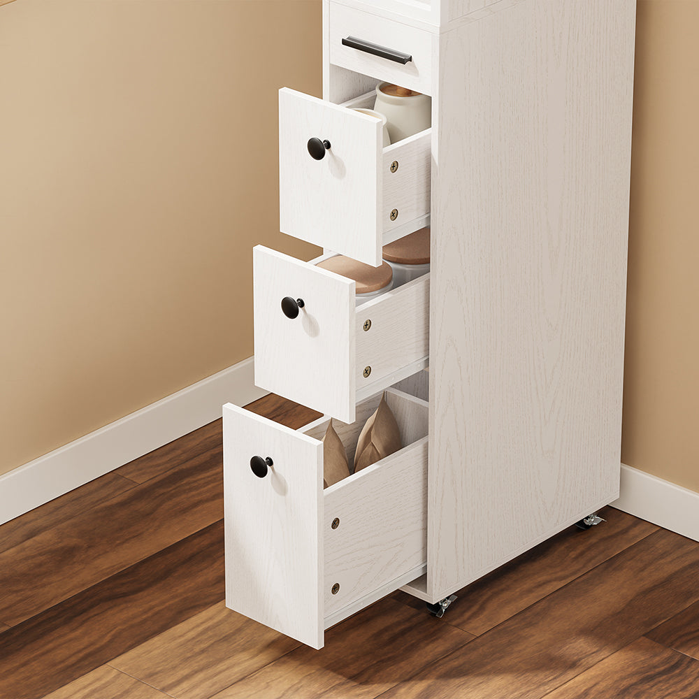 SoBuy NSR13-WG Chariot de Rangement Étroit 20 cm sur Roulettes, 170 cm de Haut, 3 Tiroirs et 3 Étagères, Barres Anti-chute – Blanc